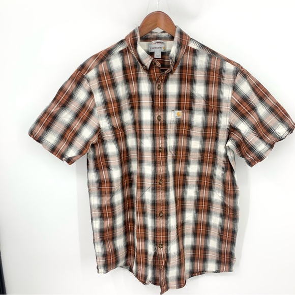 Carhartt Men Size Large Shirt Short Sleeve Top Relaxed Fit Brown Checkered Plaid - Picture 3 of 8